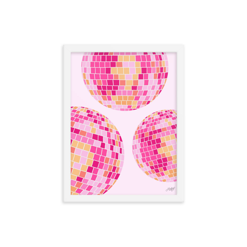 Ilustración de bolas de discoteca (paleta rosa/amarilla) - Impresión mate enmarcada